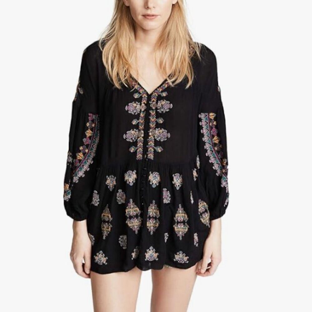 Free People Arianna Black Multicolor Embroider Button Front Tunic, Size Medium